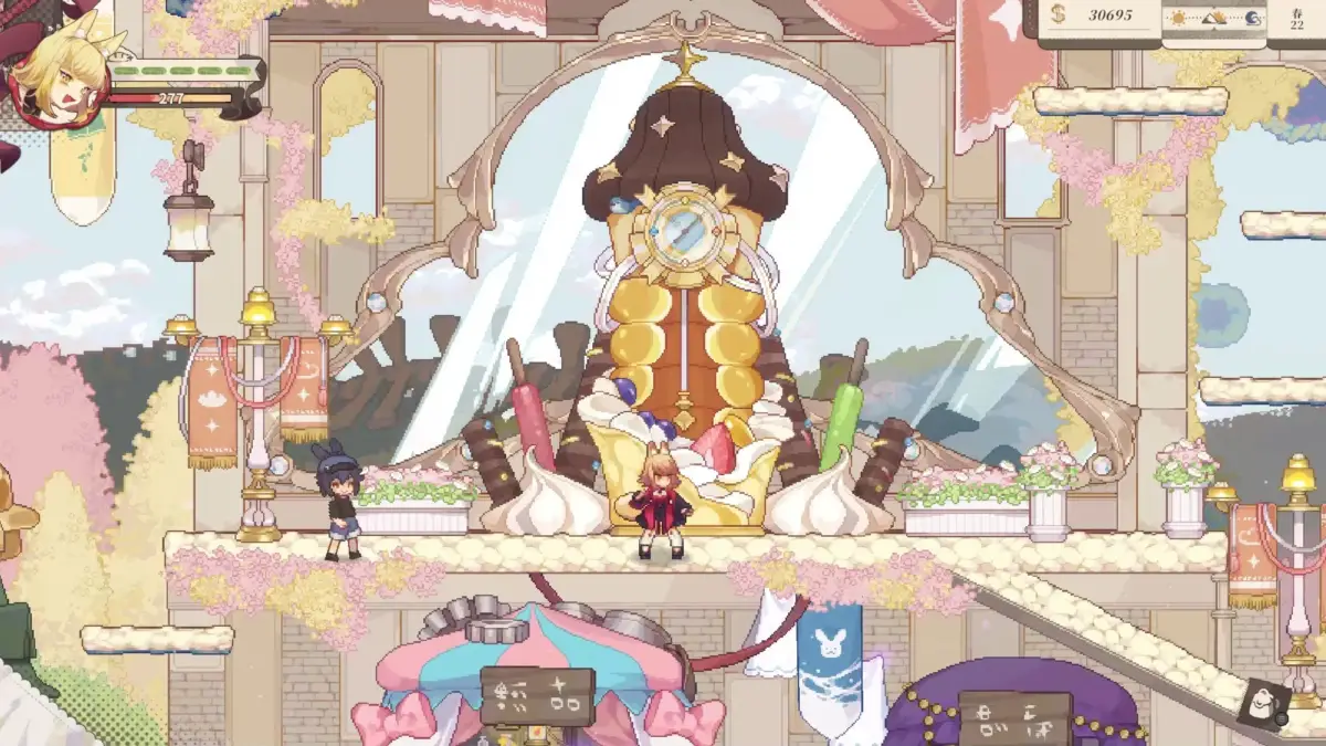 巨大なデザートのような時計とキャラクター