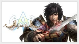 鎧を身につけた男性キャラクターが剣を構えているファンタジーゲーム「アトランティカ」のロゴとキャラクター