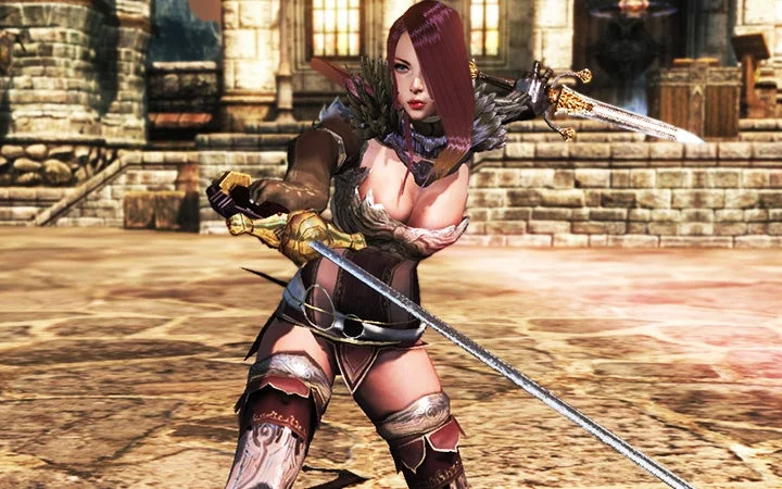 赤毛の女性戦士が二本の剣を構えている様子