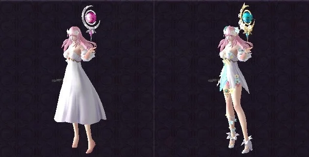 ピンク髪の女性キャラクターが、白い長袖ドレスと装飾的な短いドレスの2つの衣装で杖を持つ姿を比較した画像