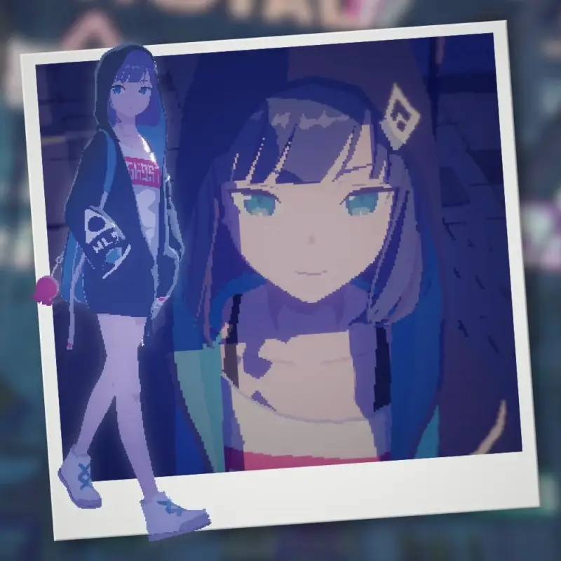 ピクセルアートで描かれたアニメ風の少女が、パーカーとリュックを身につけ、ストリート系の雰囲気を持つイラスト