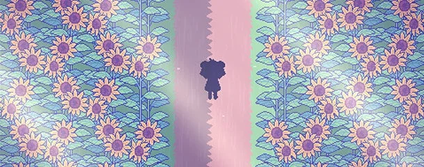 ひまわり,ピクセルアート,キャラクター,道,花畑,自然,ゲームアート,シルエット,幻想的