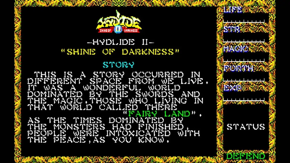 Hydlide IIのゲーム画面（ストーリー導入）