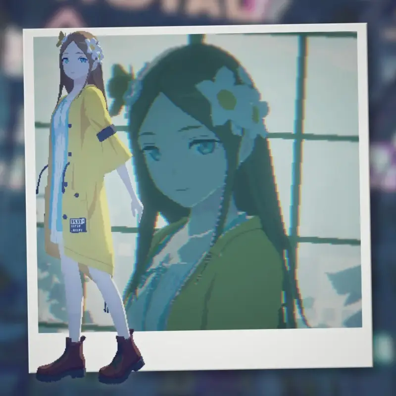 アニメ風の少女を描いたデジタルイラスト。ポラロイド写真のような形式で、全身像と顔のアップが重ねて表示されています。