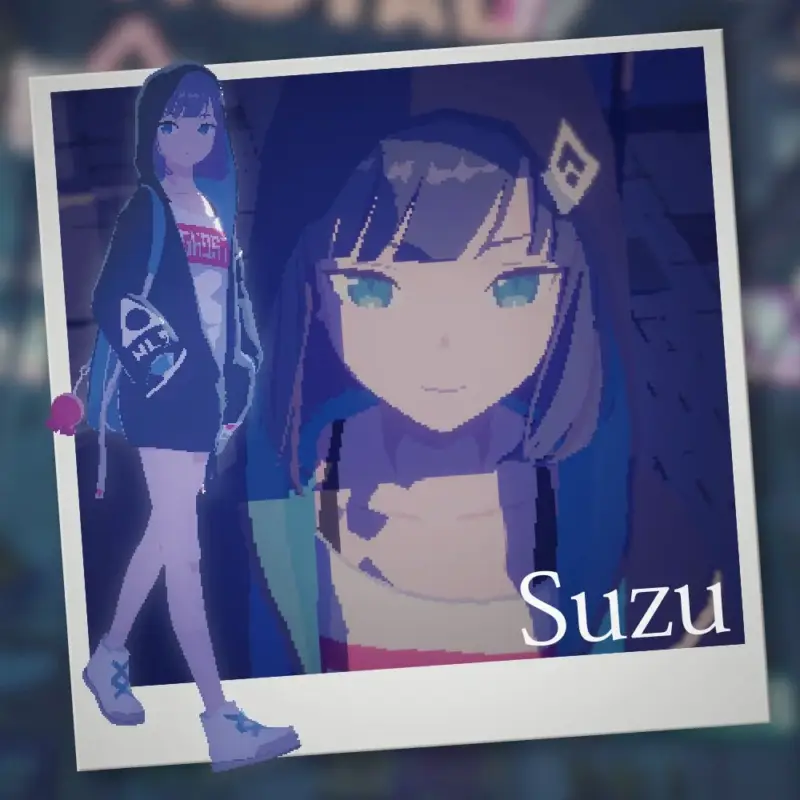 青い髪の少女「スズ」が描かれたピクセルアートのイラスト