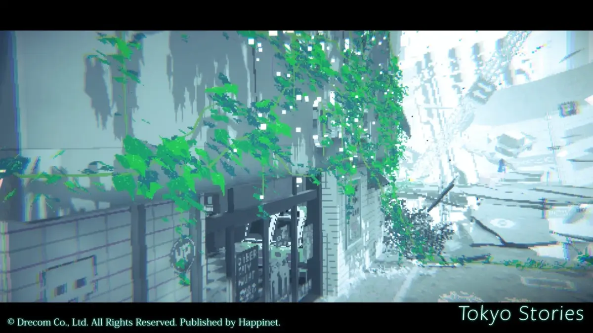 ピクセルアート調で描かれた荒廃した都市の風景。