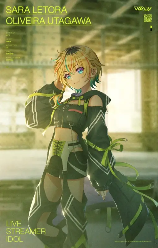 アニメ、キャラクター、女性、アイドル、ライブストリーマー、バーチャルアイドル、ブロンドヘアー、カラフルな髪、青い瞳、現代風、衣装、黒、緑、笑顔、全身、バンダイナムコ、VOX W、THE IDOLM@STER