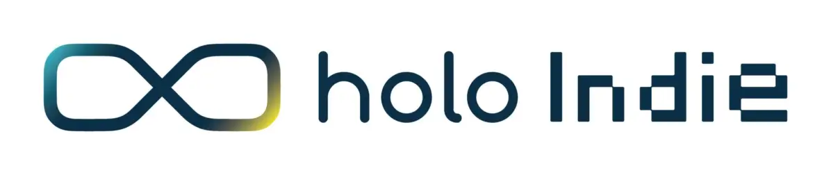 白背景に「holo Indie」という文字と、青緑から黄色へのグラデーションがかかった無限記号のようなロゴがデザインされています。「Indie」の文字はピクセルアート風です。