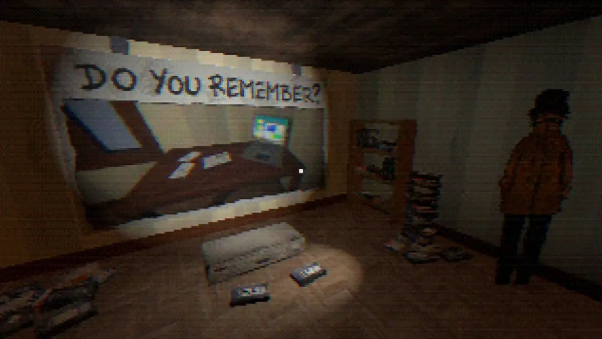 薄暗くピクセルアート調の部屋で、「DO YOU REMEMBER?」と書かれた壁に古いPC画面のような映像が投影されています