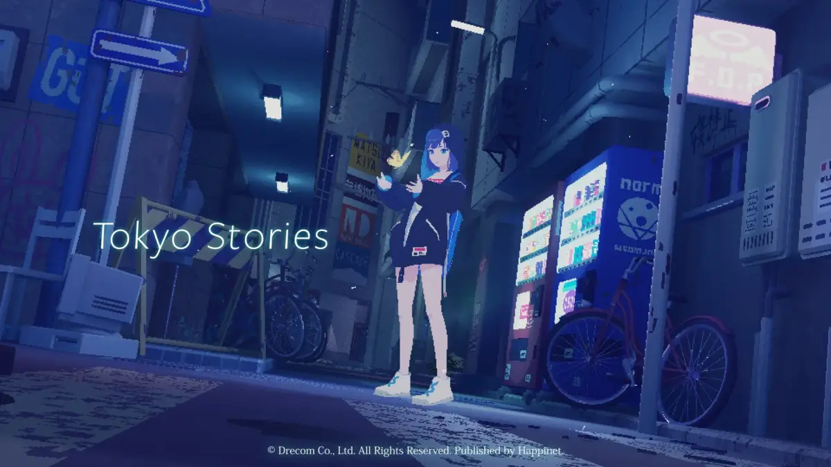 ネオンが輝く夜の街角で、アニメ調の少女が立つピクセルアート風のイラスト
