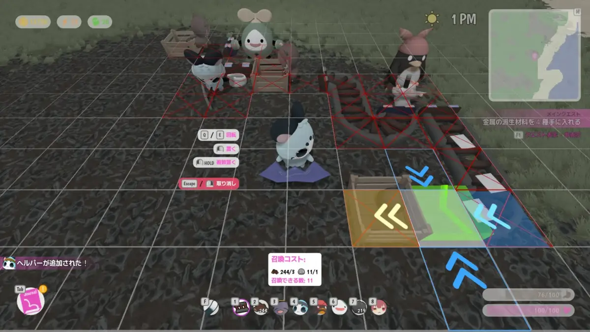 可愛らしいキャラクターがグリッド状のフィールドで建物を配置しているゲーム画面。メインクエスト、資源、召喚コストなどのUIが表示され、シミュレーションやクラフト要素のあるゲームプレイが展開されている。