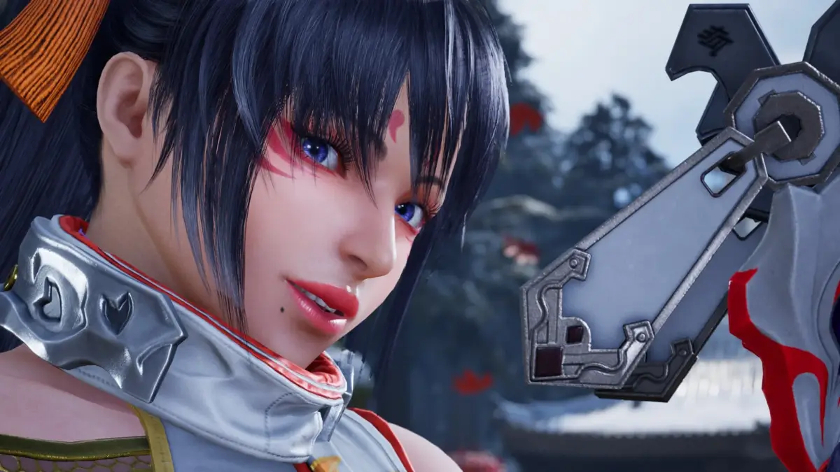 青い瞳と赤いメイクが印象的な、黒髪の女性ゲームキャラクター