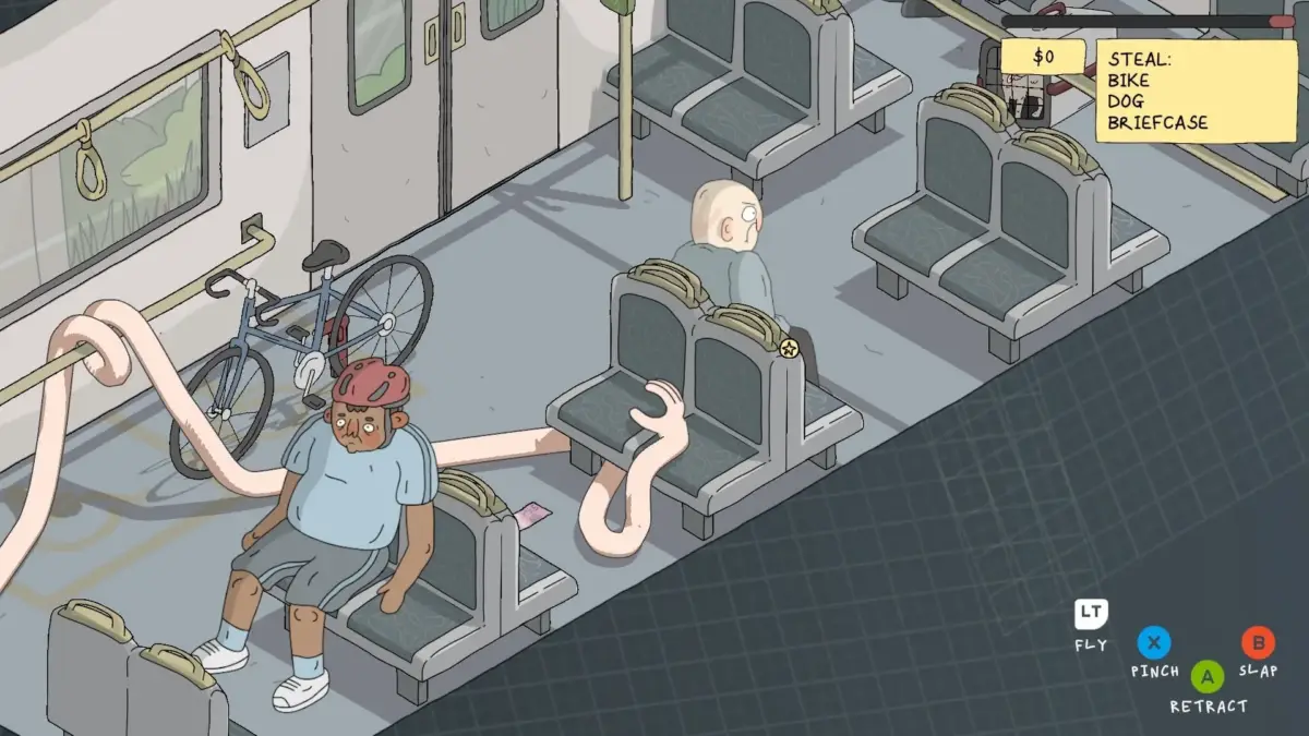 ゲーム画面：電車内で長い腕を持つキャラクター