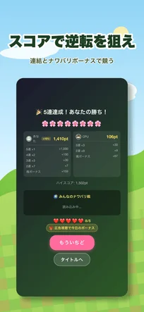 モバイルゲームの勝利画面。プレイヤーが5連勝でCPUに勝利し、スコアの内訳とハイスコアが表示されています。連結とナワバリボーナスが特徴のゲームで、再挑戦やタイトルへの選択肢があります。