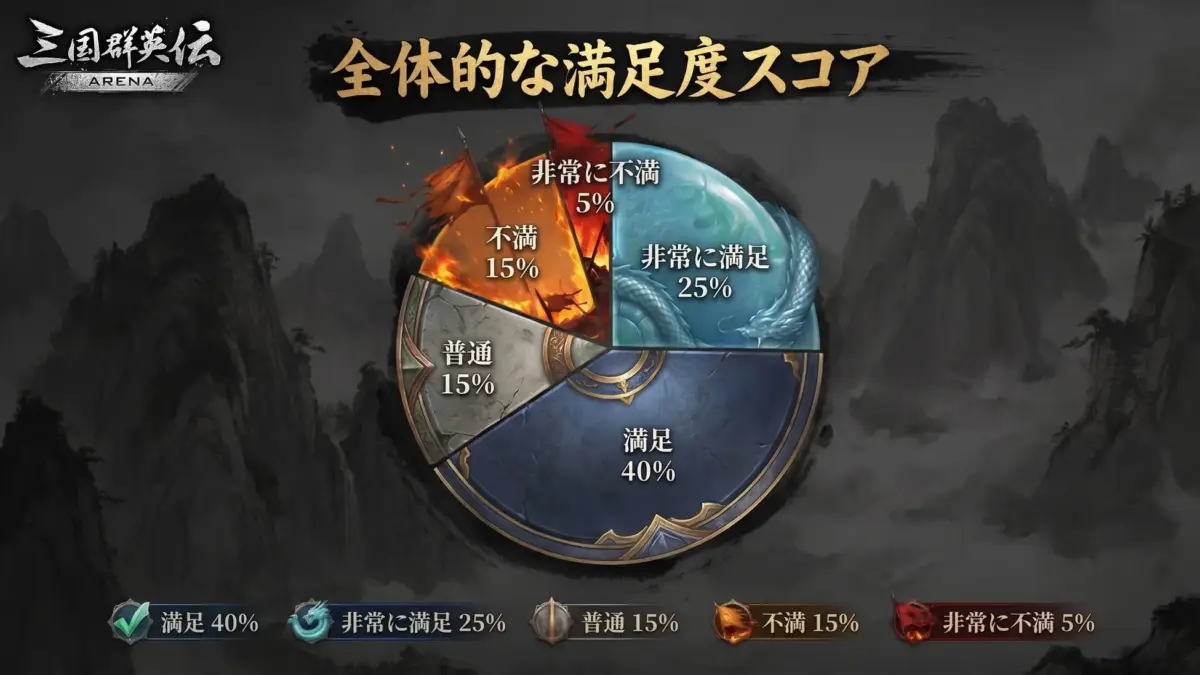 「三国群英伝 ARENA」の全体的な満足度スコアを示す円グラフ