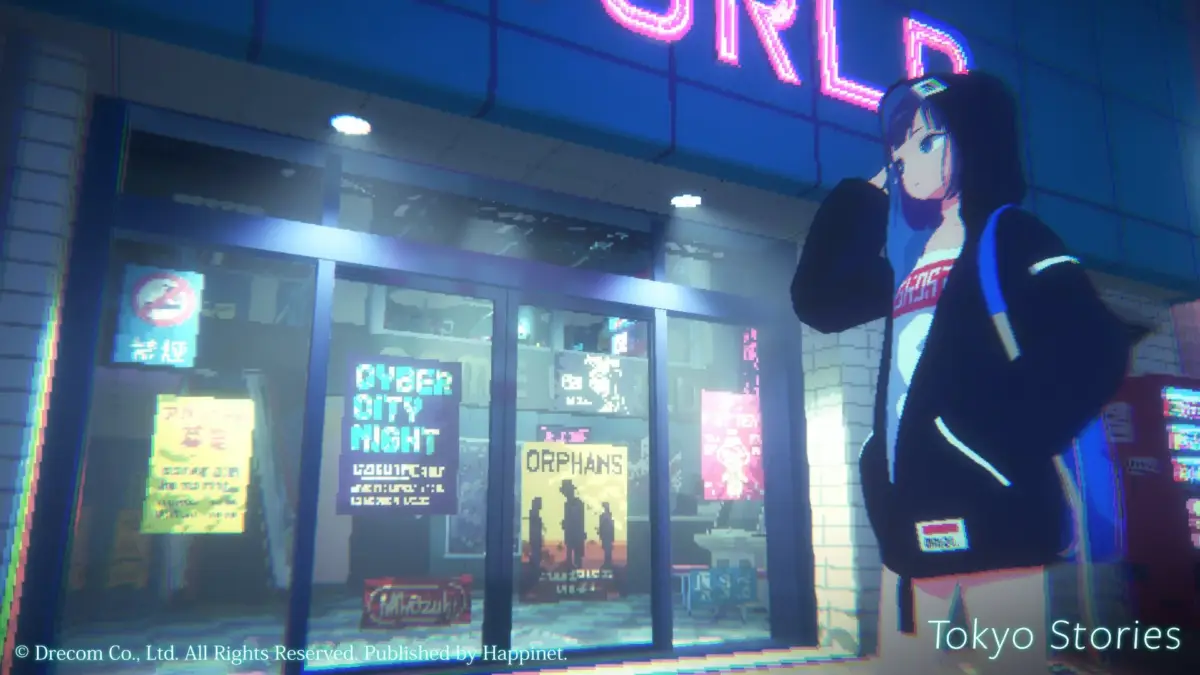 ネオンが輝く夜の街角で少女が立つピクセルアート