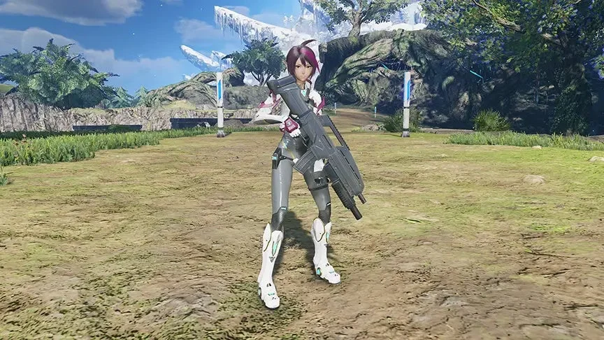 SF的な衣装をまとったゲームの女性キャラクターが大型のライフルを構える