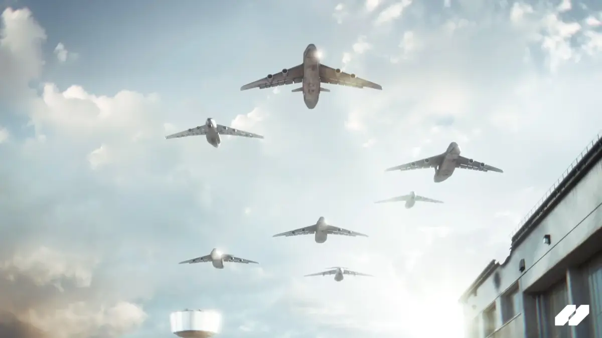 編隊飛行する輸送機