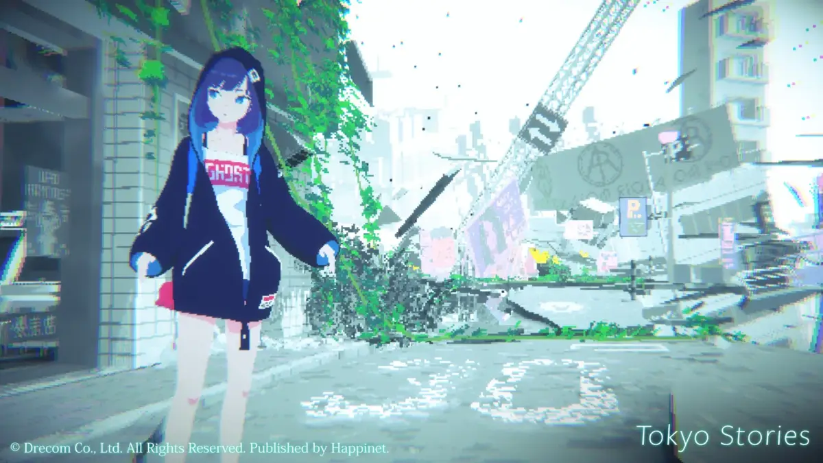 青い髪のフードをかぶったアニメ風の少女が、荒廃したピクセルアート調の街路に立つ画像