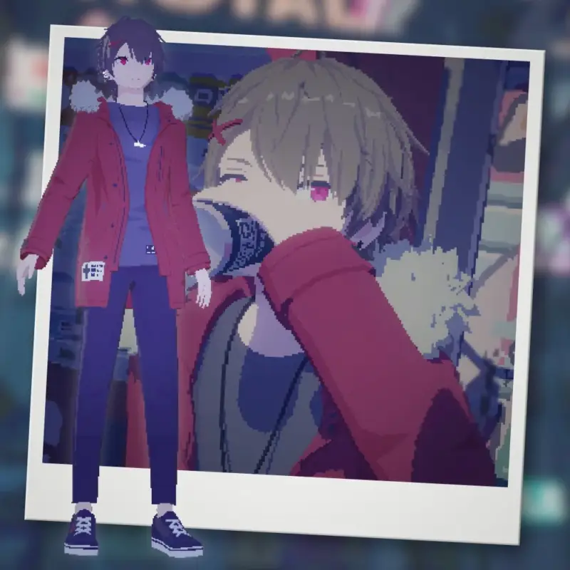 赤いジャケットと暗いズボンを着用したアニメ風の3Dキャラクターが、ポラロイド写真の横に立っています。
