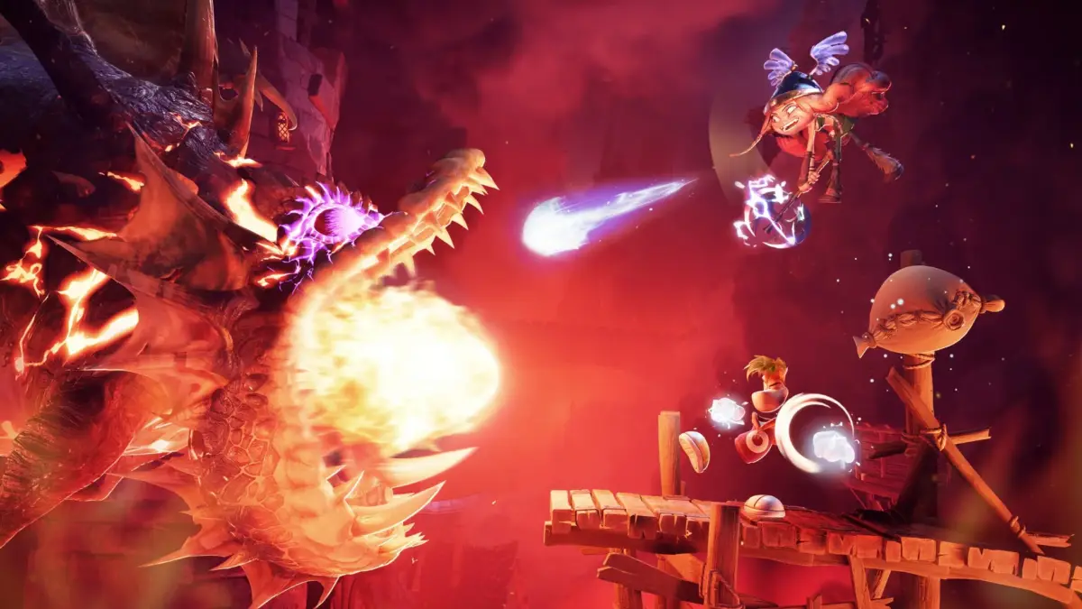 レイマンのキャラクターたちが巨大なドラゴンと戦うアクションシーン