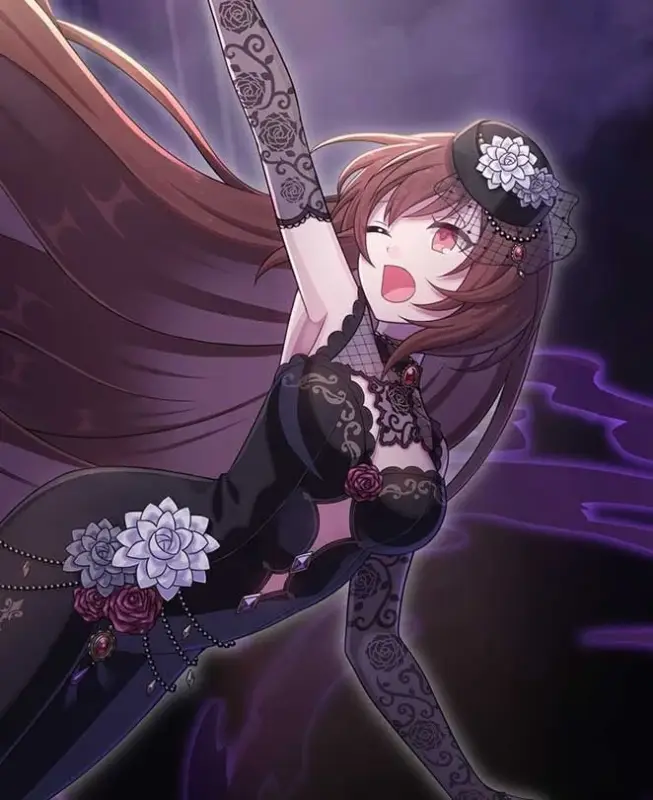 ゴシック調の黒いドレスをまとったアニメスタイルの少女が、片腕を上げ、歌っているかのような躍動感あるポーズをとっています。長い茶髪とバラの装飾が特徴で、暗い背景に紫の光が映える幻想的な一枚です。