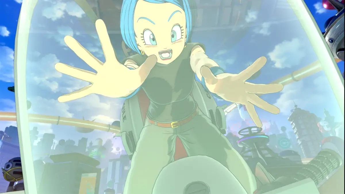 ブルマのようなキャラクターが乗り物に乗っているシーン