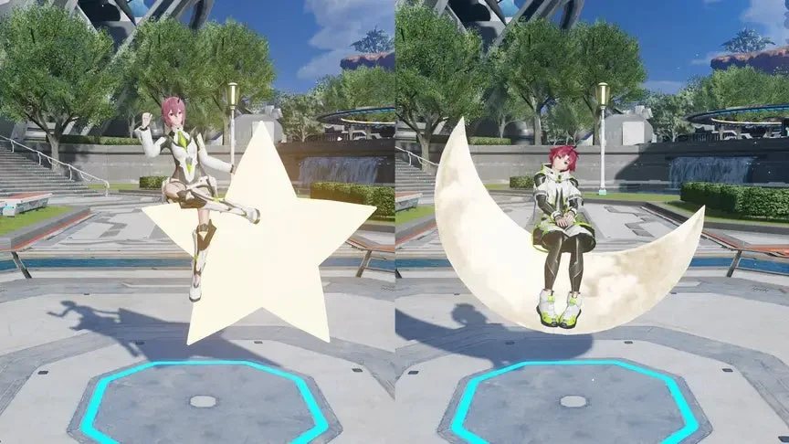 光る星と三日月に乗る2人のキャラクター