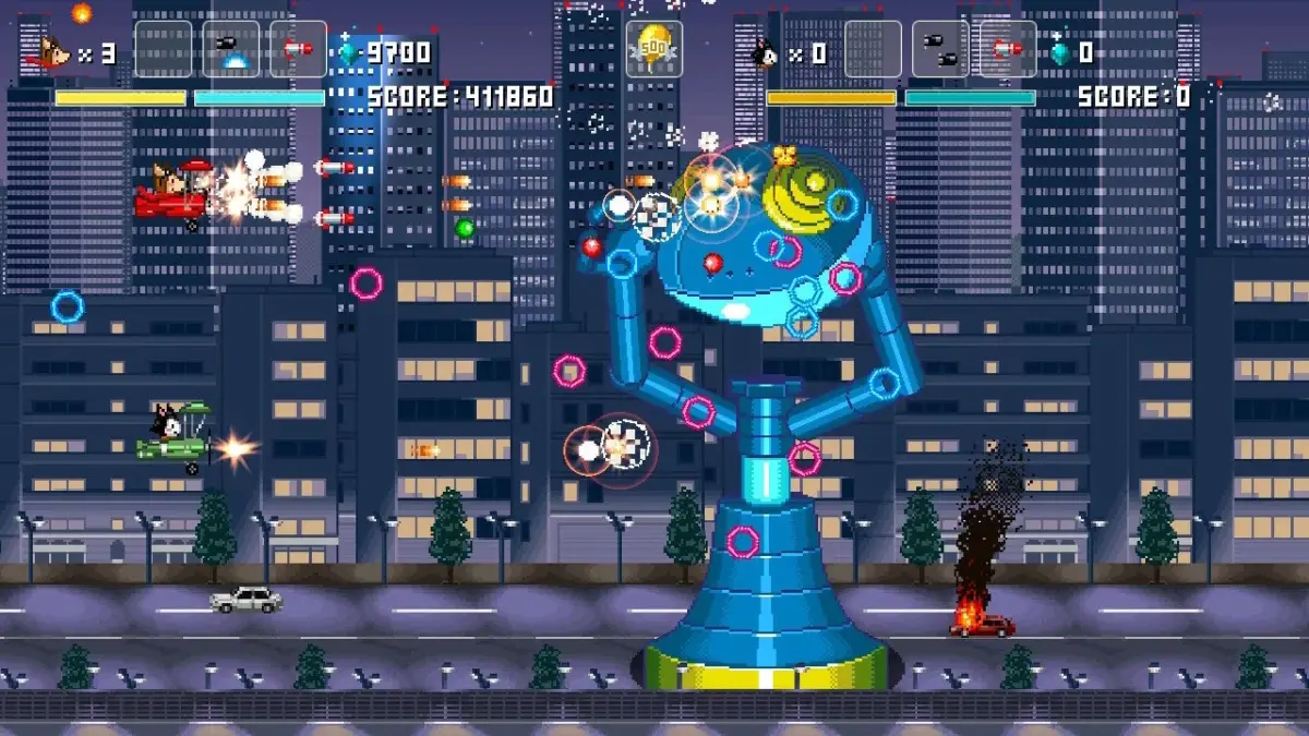 夜の街での巨大ロボットボス戦