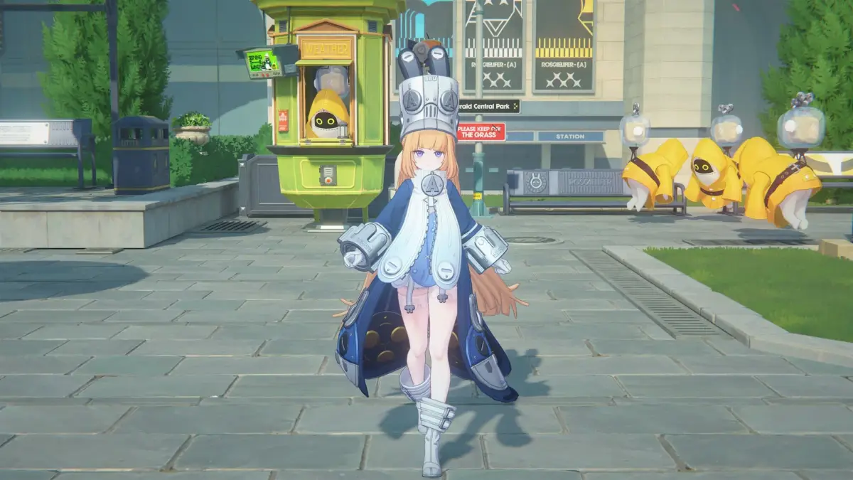 未来的な都市の公園のような場所で、独特な帽子と青いコートをまとったアニメ風の少女が中央に立っています。背景には天気予報ブースや浮遊する黄色いキャラクターが見られます。