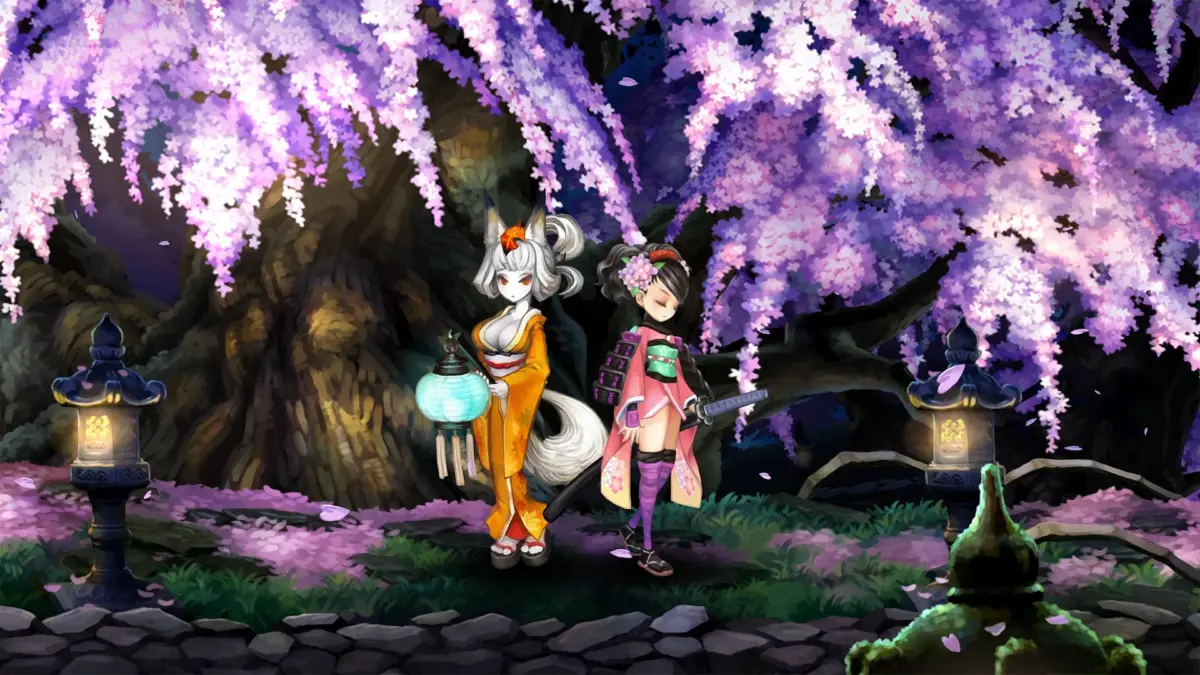 藤の花が咲く夜の庭園で狐耳の女性と刀を持った少女が並び立つイラスト