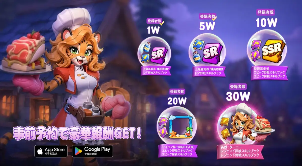 事前登録報酬と虎のシェフ