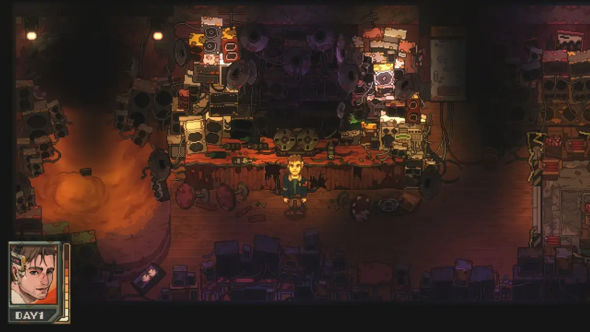 ピクセルアートのゲーム画面、散らかった部屋の男性
