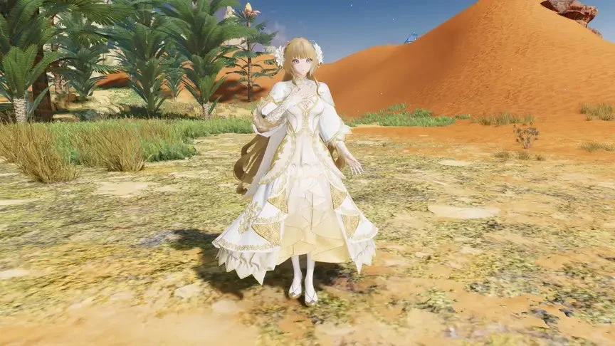 白と金色の豪華なドレスをまとった金髪のアニメ風少女