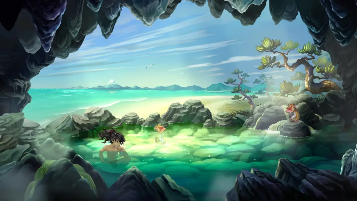 洞窟から見た海と山の絶景