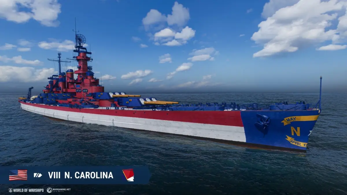 戦艦,軍艦,ノースカロライナ,アメリカ海軍,ワールドオブウォーシップス,ゲーム,海戦,船,青,赤,白,トリコロール,特殊塗装