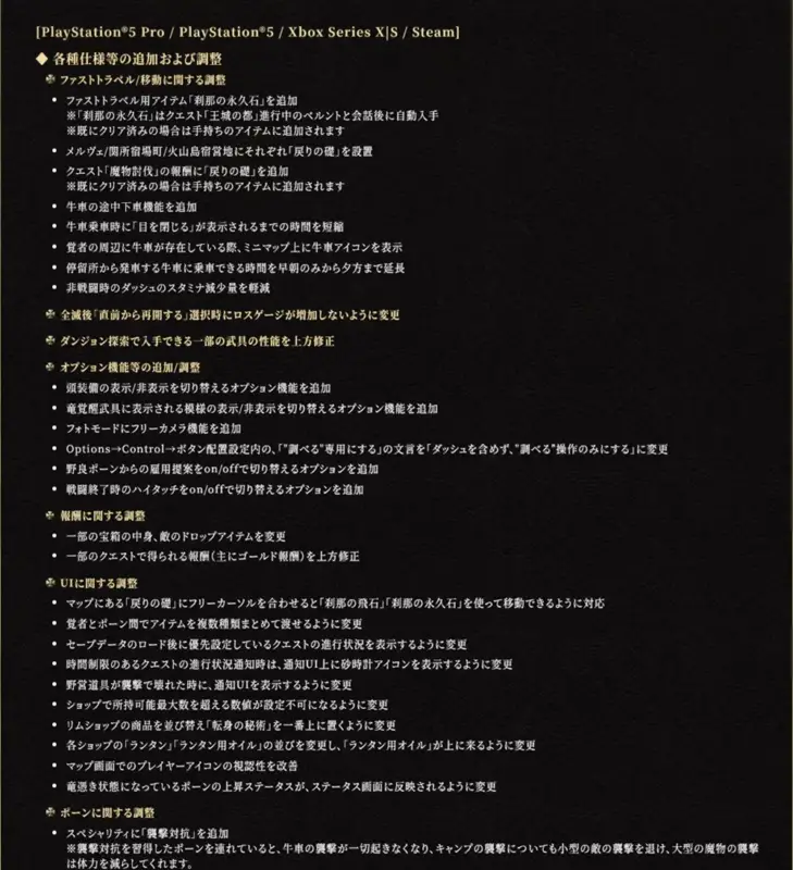 PlayStation/Xbox/Steam向けゲームの追加および調整パッチノート