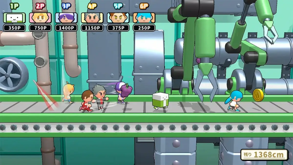 工場のようなステージで、複数の可愛らしいキャラクターたちがベルトコンベアの上を走るゲーム画面