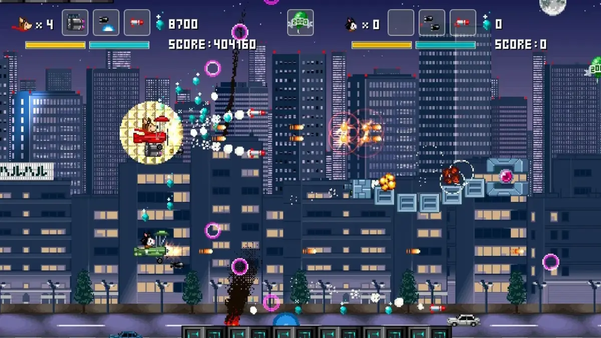夜の都市を舞台にしたシューティングゲームの戦闘画面