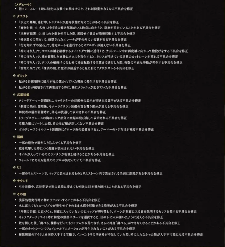ゲームの不具合修正リスト。クエスト進行、ギミック、武器装備、描画、UI、サウンド、その他に分類された多岐にわたるバグが修正されています。