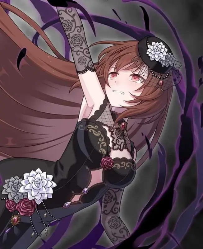 茶髪の女性アニメキャラクターが黒いゴシックドレスを身につけ、苦悶の表情を浮かべています。バラやレースの装飾が施された衣装で、周囲には紫色のオーラが渦巻く、ドラマチックなイラストです。