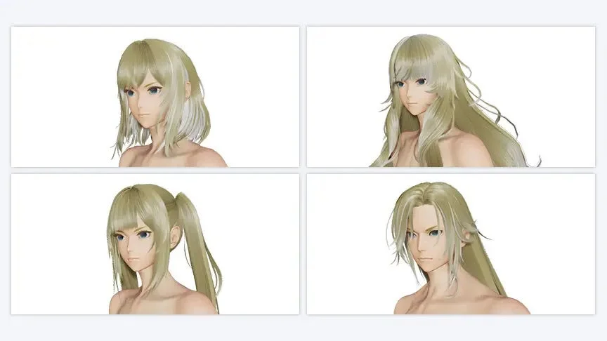 白い背景に、異なる金髪のヘアスタイルを持つ4つの3Dキャラクターモデルが並べられています