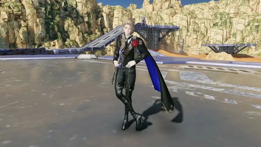 黒と青のスタイリッシュな衣装をまとった男性キャラクター