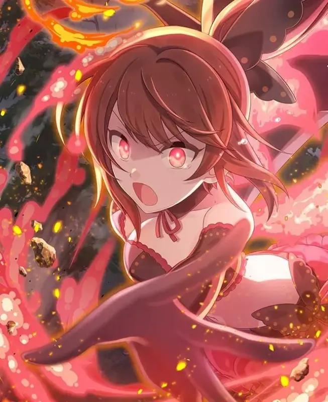 赤い瞳のアニメキャラクターが、炎と破壊が渦巻く背景の中で叫び、手を差し伸べているイラストです。激しい感情と魔法的な雰囲気が感じられるシーンが描かれています。