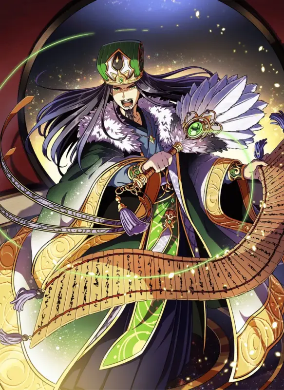 豪華な東洋風の衣装を身につけた男性キャラクターが描かれたイラストです。羽根扇子と巻物を持ち、自信に満ちた笑顔を見せています。背景には星空が広がり、神秘的で力強い雰囲気を醸し出しています。
