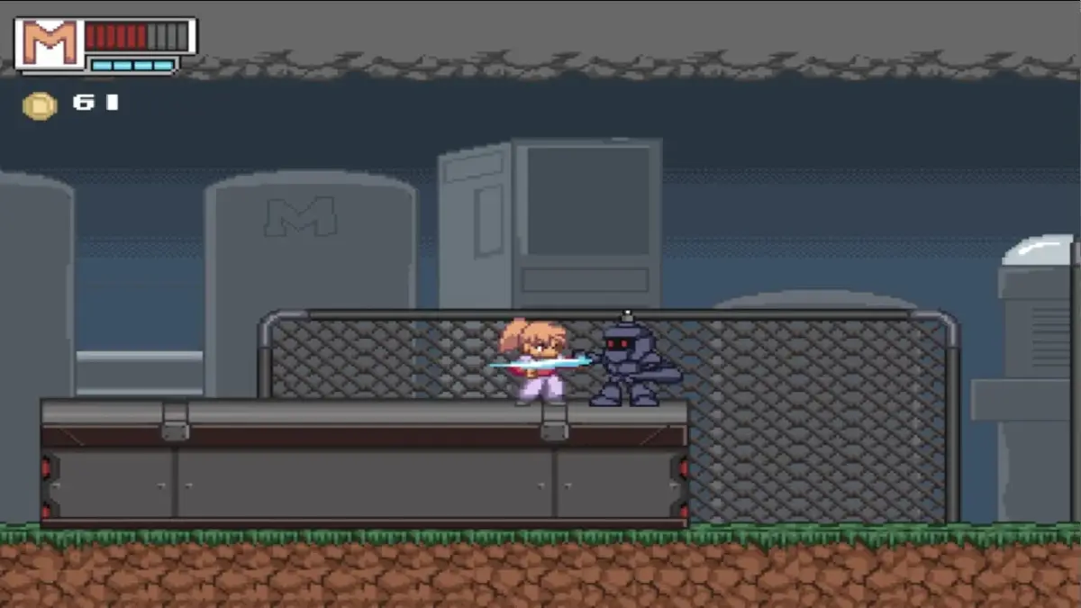ピクセルアート風のビデオゲームのスクリーンショット。主人公らしき女性キャラクターが光る剣を持ち、工業地帯のような背景の高台でロボットの敵と対峙している。