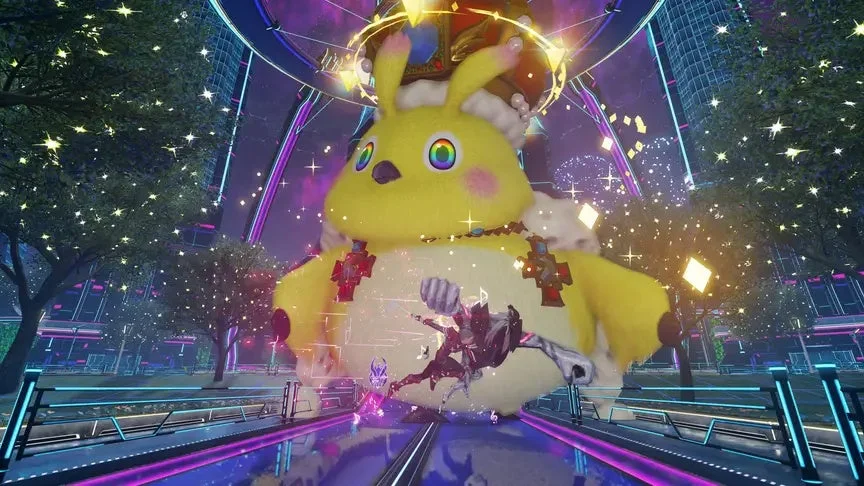 巨大な黄色いウサギのようなキャラクターと小さな人物が戦っているファンタジーゲームのワンシーン