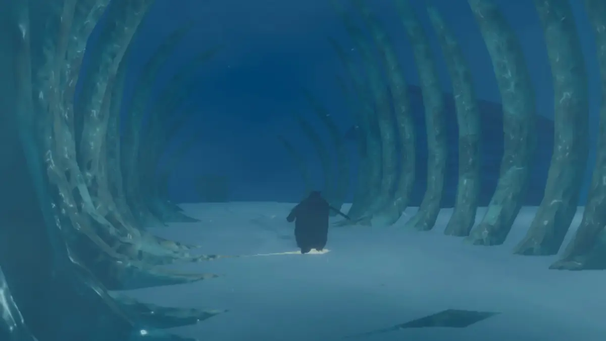 氷の世界、骨の通路を歩くキャラクター