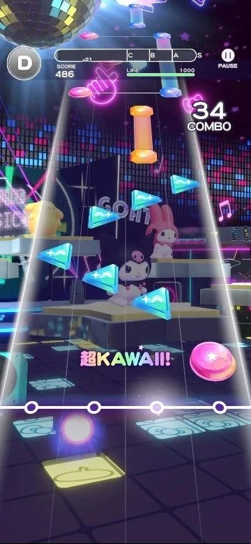 サンリオキャラクターのリズムゲームプレイ画面