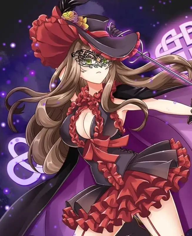 仮面と帽子を身につけたアニメ風の女性キャラクターのイラスト。赤と黒のフリルドレスを着用し、細身の剣を携えている。紫色の神秘的な背景が、魔法の世界観を強調している。